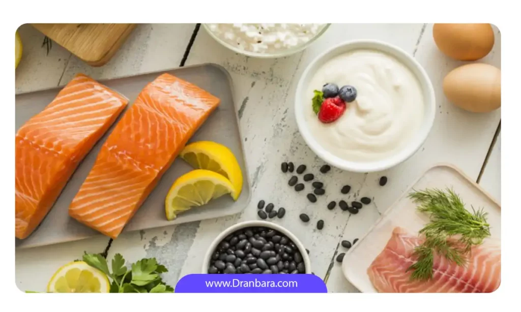 یک میز غذا شامل انواع مواد اولیه رژیم لاغری دوکان